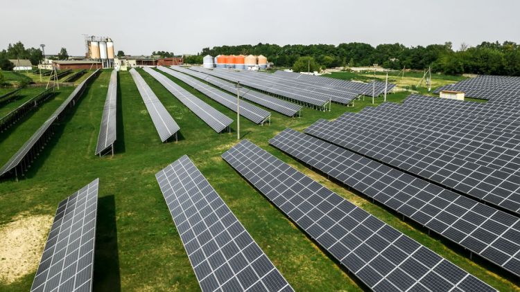 Aerial green rural and solar photovoltaic panel