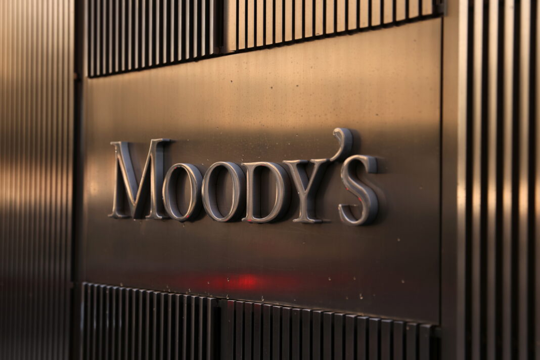Signage is seen outside the Moody's Corporation headquarters in Manhattan, New York